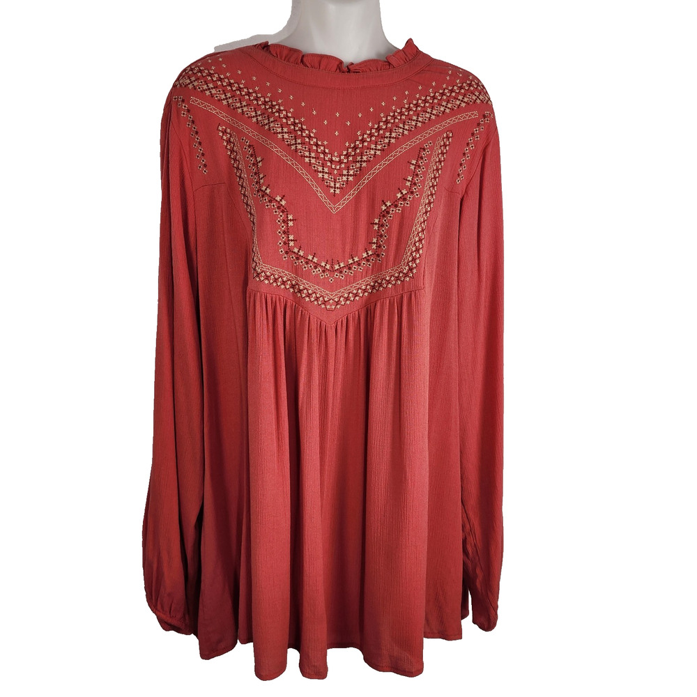 Torrid Womens Washable Crinkle Gauze Relaxed Embroidered Blouse 3X Baked Apple